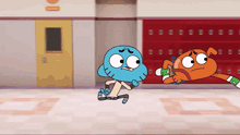gumball and darwin from the amazing world of gumball are running through a hallway