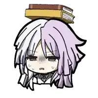 a cartoon girl with purple hair is holding a stack of books on her head .