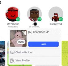 a screenshot of a roblox app that says hello and join