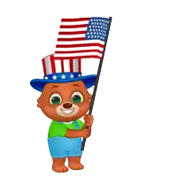a cartoon bear wearing an uncle sam hat and overalls holds an american flag