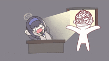 a cartoon of a woman sitting at a desk and a drawing of a man with a messy head