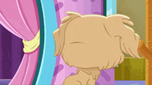 a cartoon dog with a pink curtain behind him