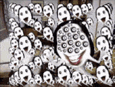 a bunch of cartoon faces are floating in the air with a smiley face in the middle