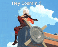 a video game character says hey cosmin while sitting on top of a wooden object