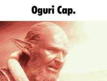 a man with a beard and elf ears has oguri cap written below him