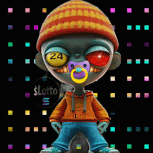 a cartoon character with a pacifier in his mouth has the number 24 on his eye
