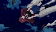 a girl in a blue skirt is falling through the air