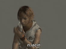 a woman in a video game says n.iacin while holding her stomach