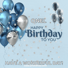 a birthday card for onel with blue and silver balloons on a blue background