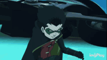 a cartoon of robin standing in front of a batmobile