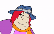 a cartoon character with red hair is wearing a blue hat