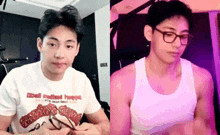 a man wearing glasses and a tank top is sitting at a table .