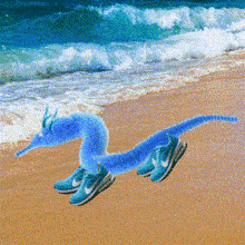 a blue worm wearing nike shoes is walking on a beach