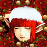 a girl with red hair is wearing a white santa hat