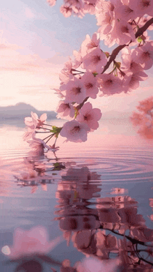 a branch of cherry blossoms hanging over a body of water