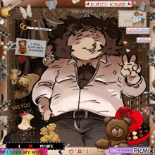 a cartoon of a man giving a peace sign surrounded by stuffed animals