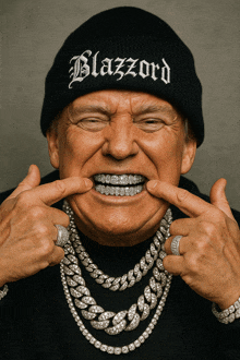 a man wearing a black beanie that says blazzard