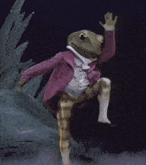 a frog wearing a pink jacket and gold pants