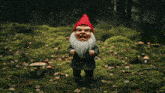 a gnome with a red hat laying on the ground