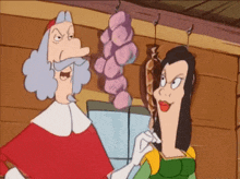 two cartoon characters standing next to each other with a bunch of sausages hanging from hooks
