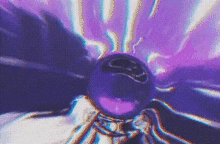 a purple sphere with a face on it is surrounded by a purple and white background .