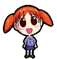 a pixel art drawing of a little girl with red hair wearing a purple shirt and skirt .