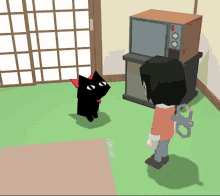 a person standing next to a black cat with the word delat written on the ground