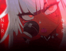 an anime girl singing into a microphone with the letters ntr behind her