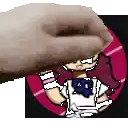 a hand is reaching out towards a cartoon character on a pink and black circle .