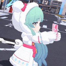 a girl with green hair is holding a card in front of a sign that says v