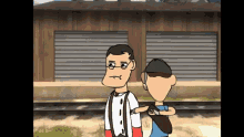 two cartoon characters are standing next to each other
