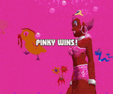 a video game screen says pinky wins and shows a strawberry