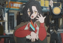 a cartoon of a woman sitting in front of a camera and waving at the camera .