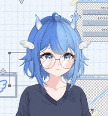 a girl with blue hair and horns is wearing glasses and a shirt