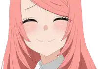 a drawing of a girl with pink hair smiling with her eyes closed