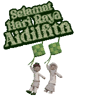 a boy and a girl are holding kites in front of a sign that says " selamat hari raya aidilfitri "
