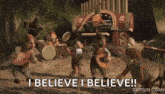 a group of gnomes are playing instruments and singing in front of a microphone in a cartoon .