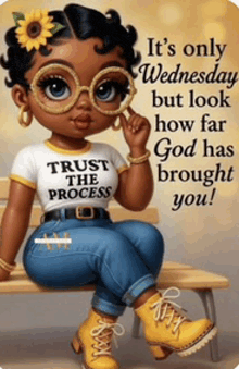 a cartoon girl is sitting on a bench wearing a shirt that says `` trust the process '' .