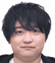 a close up of a man 's face with a white shirt and black jacket .