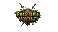 a logo for pristine world with a shield and swords