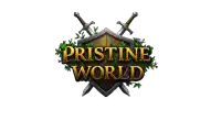 a logo for pristine world with a shield and swords