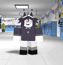 a cartoon character is standing in a hallway with a christmas tree in the background