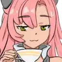 a girl with pink hair and green eyes is holding a cup of coffee .