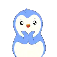 a blue and white penguin with its arms up