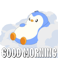 a penguin is sitting in the clouds with the words good morning written below it
