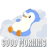 a penguin is sitting in the clouds with the words good morning written below it