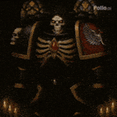 a video game character with a skull on his head is surrounded by lit candles and a pollo.ai logo