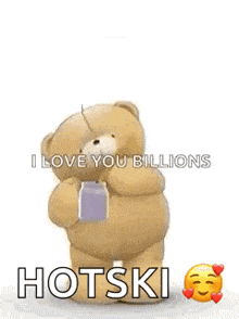 a teddy bear is holding a cup in a blue heart .