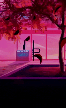 a pink background with a tree and a sign that says ' r ' on it