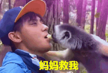 a man in a blue jacket is being kissed by a monkey